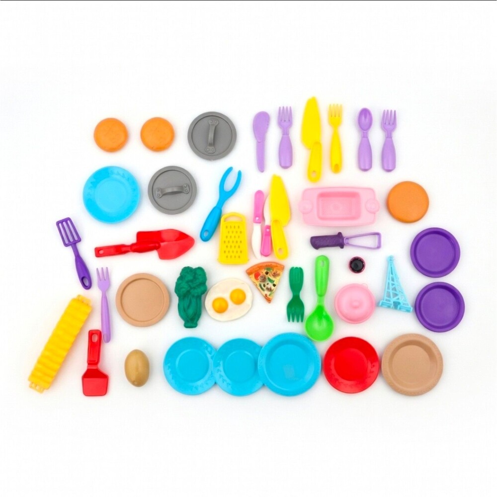 45+ Piece Vintage Colorful Plastic Toy Kitchen Play Food & Dishes Set - Pretend